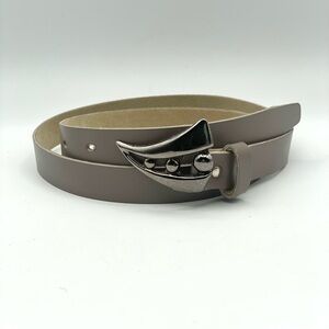 Vintage 80s Gray Grey Abstract Silver Tone Buckle Thin Belt
